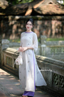 EMMA Cream/purple double layers modern ao dai set with Embroidery flowers