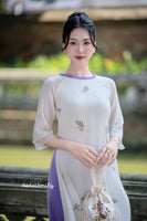 EMMA Cream/purple double layers modern ao dai set with Embroidery flowers