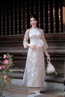 BELLA Beige Spring flowers pattern| Taffeta ao dai set