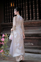 BELLA Beige Spring flowers pattern| Taffeta ao dai set