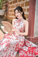 TET| Red Sleeveless Taffeta Sakura patterns Pre made ao dai|