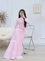 AUGUST Plain Sweet Pink ao dai with pearls