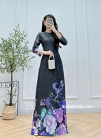 MACIE Printed Black flowers pattern Pre made ao dai for women|