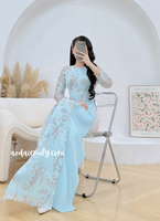 GEMMA Blue Pre made ao dai Viet Nam with pearls