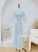 GEMMA Blue Pre made ao dai Viet Nam with pearls