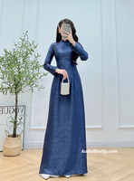LEONA Dark blue Ao Dai Gấm with crystals collar