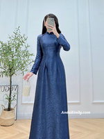 LEONA Dark blue Ao Dai Gấm with crystals collar