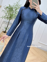 LEONA Dark blue Ao Dai Gấm with crystals collar