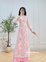 DANIELLE Pink Spring flowers pattern Modern Ao dai
