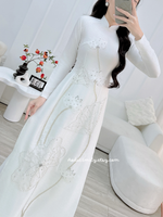 MARY White 3D lotus flowers with Hand beading crystals Ao dai