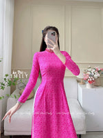 PHOENIX Ao dài Gam| Pink daisy pattern Ao dai with crystals collar