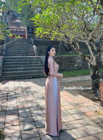 NELLIE Nude ao dai with designed crystals collar