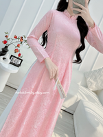 AURORA Rose patterns Pink Pre made ao dai with crystals collar