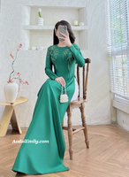 SKYE Plain Dark Green ao dai with hand beading designed crystals