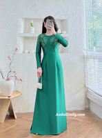 SKYE Plain Dark Green ao dai with hand beading designed crystals