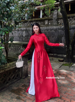 MAIA Red traditional ao dai with 3D Flowers and crystals