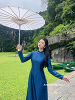 ZARIAH Plain dark blue ao dai with crystals collar