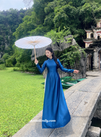 ZARIAH Plain dark blue ao dai with crystals collar