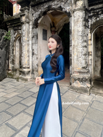 ZARIAH Plain dark blue ao dai with crystals collar