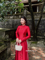 MAIA Red traditional ao dai with 3D Flowers and crystals