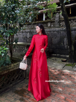 MAIA Red traditional ao dai with 3D Flowers and crystals