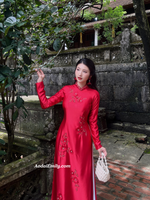 MAIA Red traditional ao dai with 3D Flowers and crystals