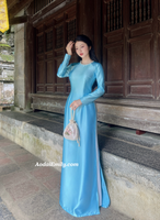 EMMY Plain light blue ao dai with crystals collar|