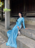 EMMY Plain light blue ao dai with crystals collar|