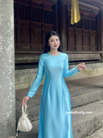 EMMY Plain light blue ao dai with crystals collar|