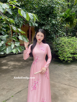 JOY Pink embroidery ao dai with crystals