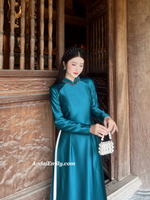 IVORY Plain dark blue ao dai with crystals collar