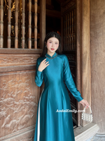 IVORY Plain dark blue ao dai with crystals collar