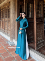 IVORY Plain dark blue ao dai with crystals collar