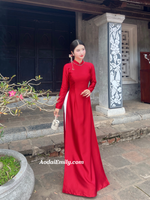 FINLEY Plain red ao dai with crystals collar