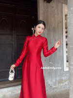 FINLEY Plain red ao dai with crystals collar