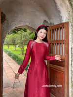 HELENA Burgundy ao dai with simple crystals rhinestones