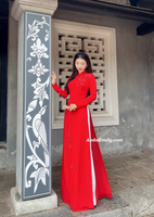 MARIE Red Ao dai with designed crystals, pearls flowers