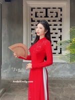 MARIE Red Ao dai with designed crystals, pearls flowers