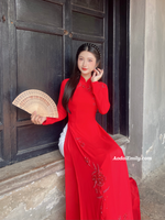 MARIE Red Ao dai with designed crystals, pearls flowers