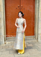 FREYA Yellow/Neutral Sleeveless Taffeta Sakura patterns Pre made ao dai