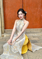 FREYA Yellow/Neutral Sleeveless Taffeta Sakura patterns Pre made ao dai