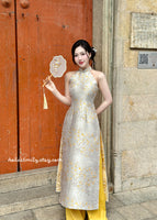 FREYA Yellow/Neutral Sleeveless Taffeta Sakura patterns Pre made ao dai