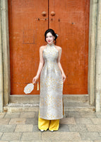 FREYA Yellow/Neutral Sleeveless Taffeta Sakura patterns Pre made ao dai