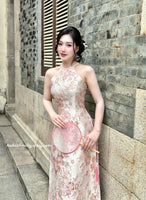 LILY Sleeveless Pink Taffeta Sakura patterns Pre made ao dai|