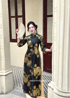 CAMILA Black/ Gold double layers modern ao dai with roses
