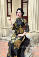 CAMILA Black/ Gold double layers modern ao dai with roses