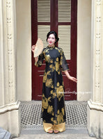 CAMILA Black/ Gold double layers modern ao dai with roses