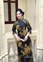 CAMILA Black/ Gold double layers modern ao dai with roses