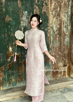 ELLIE Pastel Pink Spring flowers pattern| Taffeta ao dai set