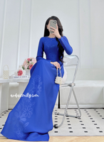 JACQUELINE Deep Blue ao dai with simple crystals round collar